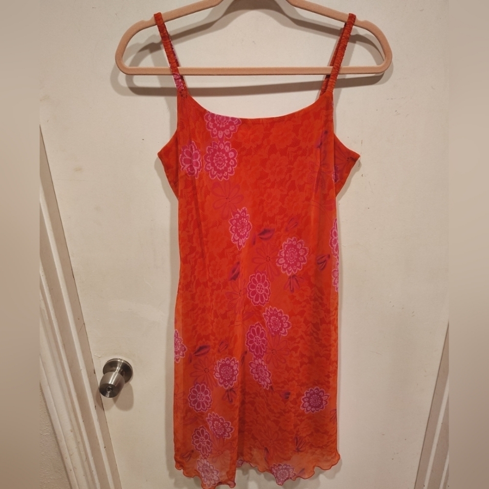 Believe Petite Women's Red Floral Chiffon Slip Dress Sz 8P -Y2K Grunge Fairy